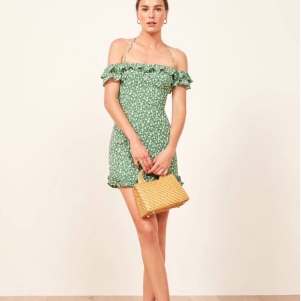 Reformation Green & white floral Off The Shoulder Short Dress size 4